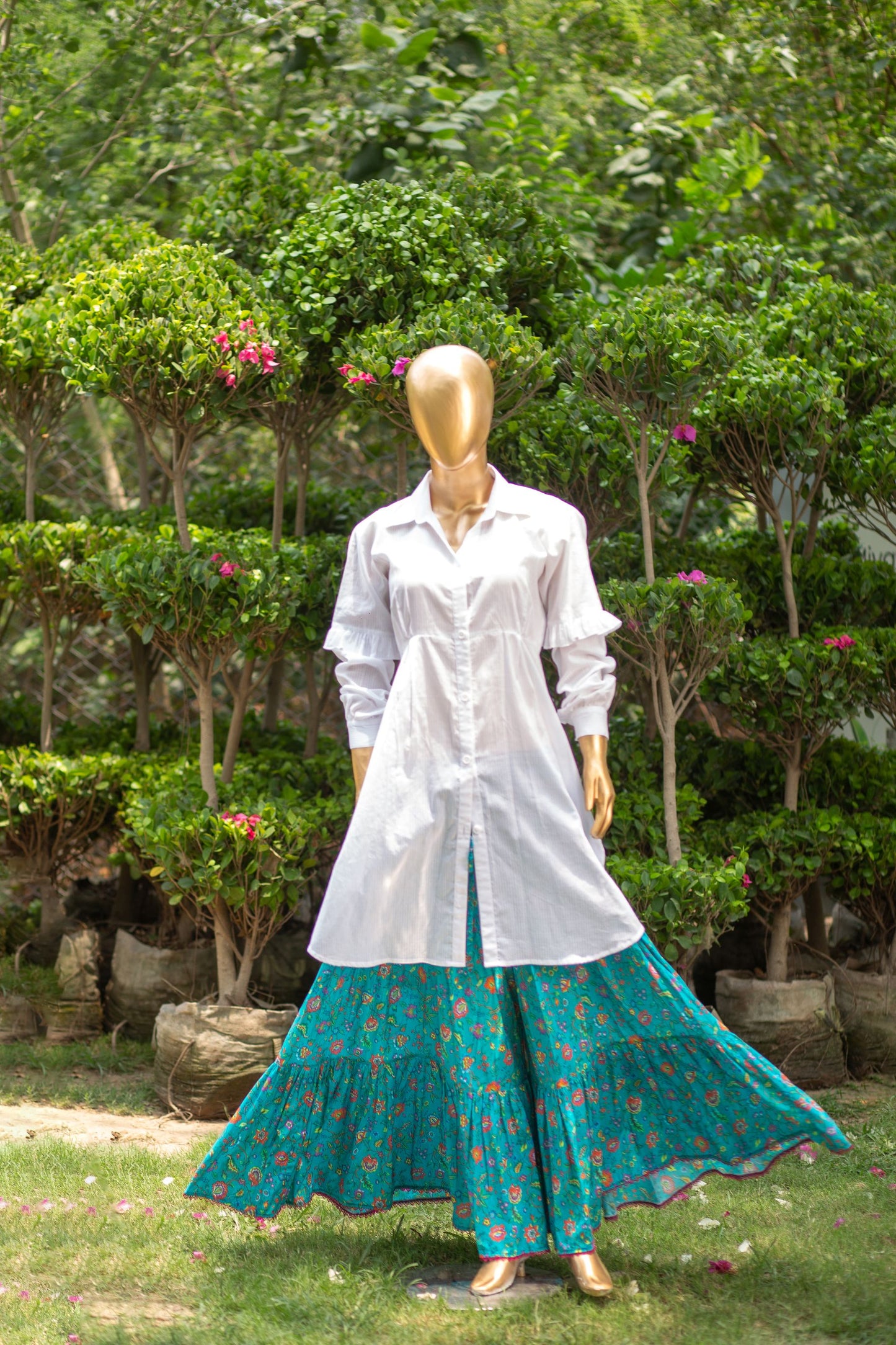 White Lines Shirt & Ferozi Gharara (2 Piece)