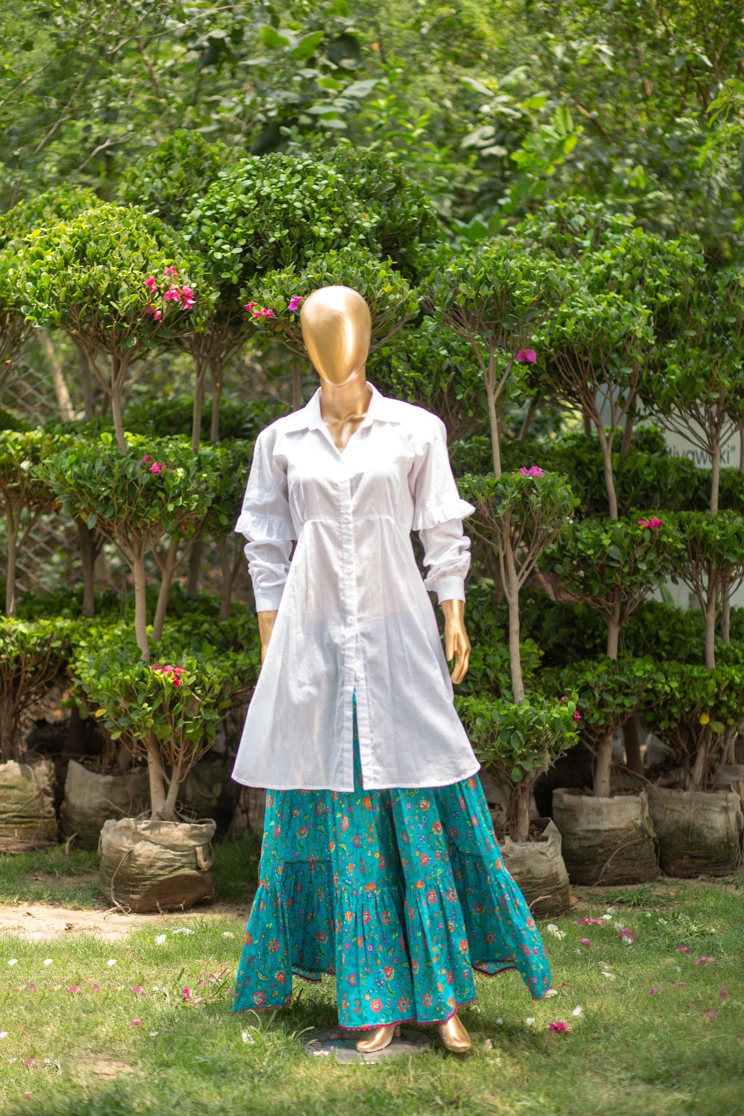 White Lines Shirt & Ferozi Gharara (2 Piece)